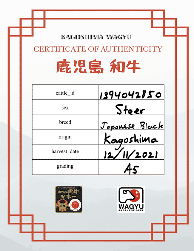 Crowd Cow Kagoshima Wagyu Certificate of Authenticity