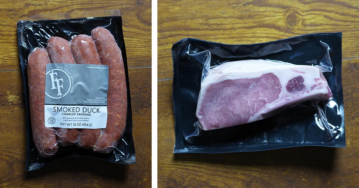 Fossil Farms Review: Is This Exotic Meat Delivery Worth It? | Timbo's Food Box Fossil Farms – Smoked duck sausages and pork chop