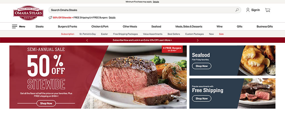 Omaha Steaks Website Homepage