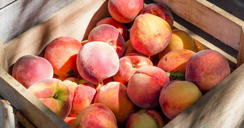 Fresh peaches in a wooden crate